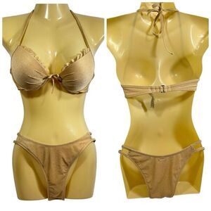 VICTORIA’S SECRET GOLD SHIMMER‎ RUFFLE TRIM HALTER BIKINI TOP & BOTTOM SET 32B/S